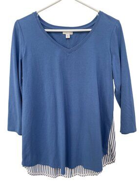 J Jill Top Small Striped Button Back Mixed Media Petite Blue White Cotton Blend